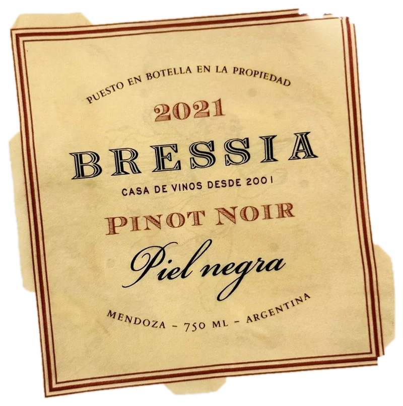Etiqueta física de Bressia, Pinot Noir Piel Negra 2021
